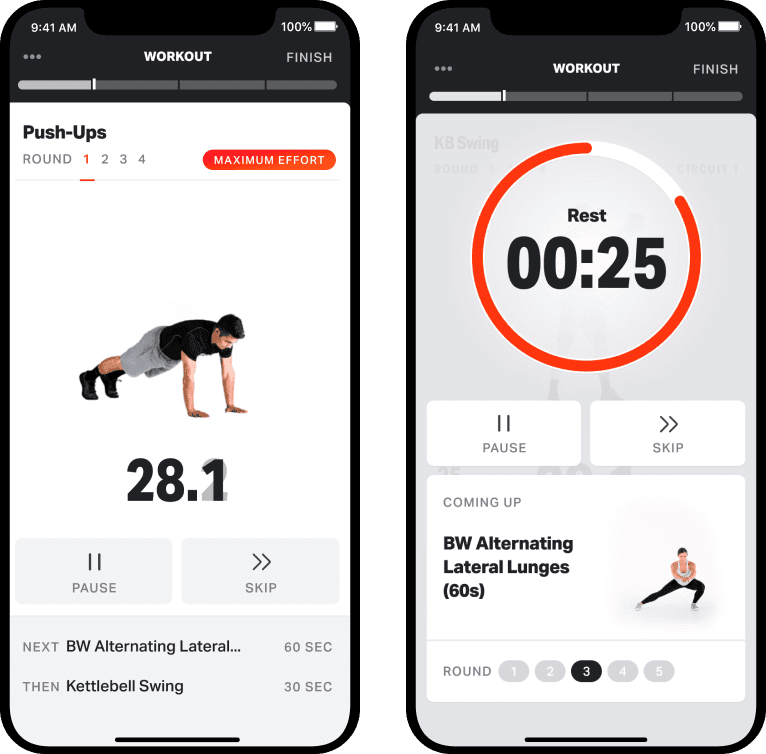 Two phones showing circuit mode push-ups and rest timer for teams